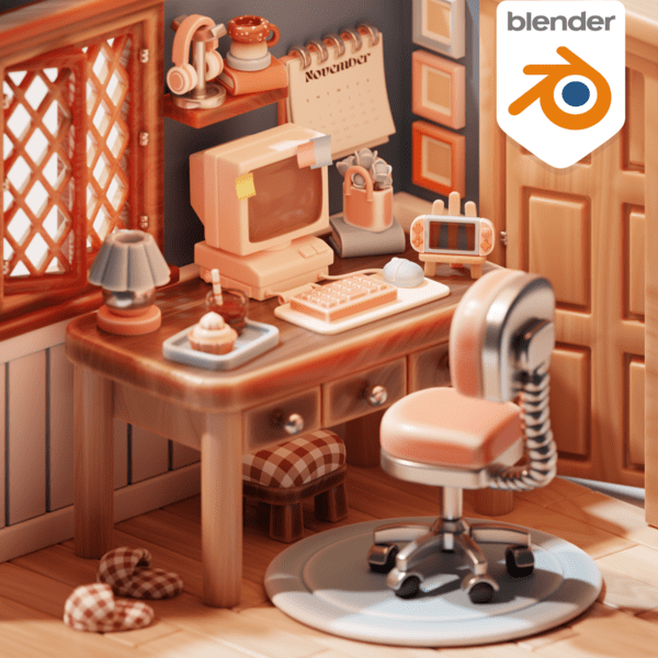 3D blender cozy office desk design by Nicole Blender